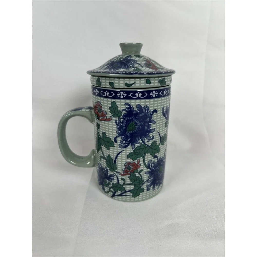 Chinese Porcelain Tea Mug With Lid & Infuser Floral Blue Green Tea Cup Tumbler